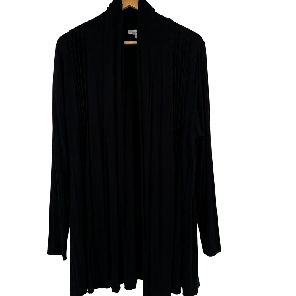 Dressbarn‎ Womens 1X Black Open Front Pleated Cardigan Draped Shawl Collar Rayon
